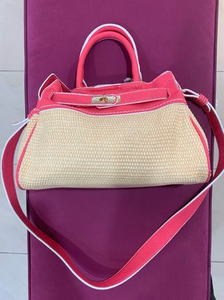 Borsa estiva intrecciata beige e rosa