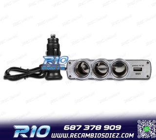 ADAPTADOR MECHERO COCHE 12V 3 ENTRADAS + USB