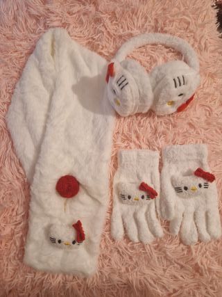 Conjunto Hello Kitty: Cachecol, Luvas e Auriculare