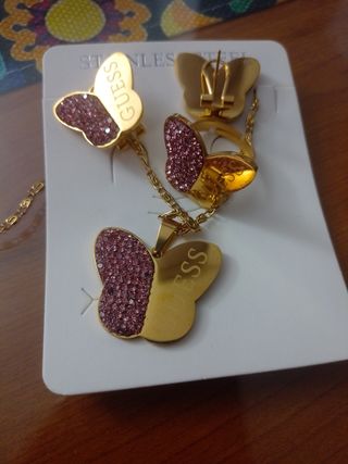Juego Joyas Acero Mariposa Guess Dorado Rosa