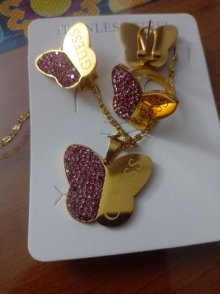 Juego Joyas Acero Mariposa Guess Dorado Rosa