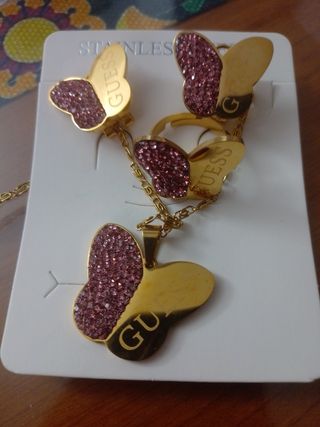 Juego Joyas Acero Mariposa Guess Dorado Rosa