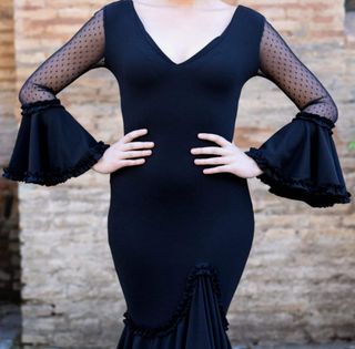 Vestido Flamenca Negro con mangas de plumetí 
