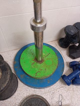 Barras, discos y mancuernas de gimnasio.
