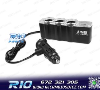 ADAPTADOR MECHERO COCHE 12V 3 ENTRADAS + USB
