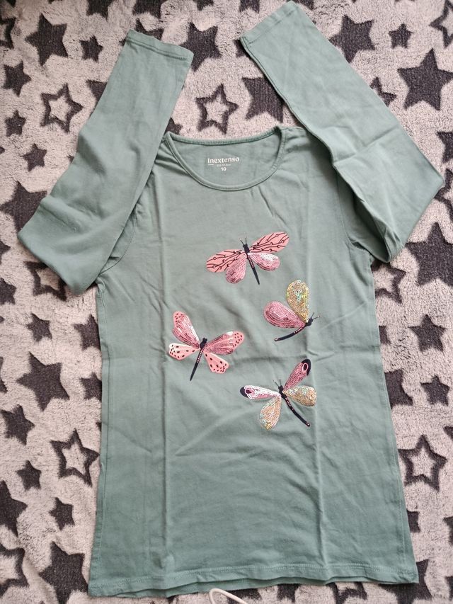Camiseta verde InExtenso mariposas lentejuelas