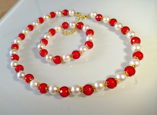 Conjunto Collar y Pulsera Perlas Rojas y Blancas