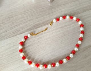 Conjunto Collar y Pulsera Perlas Rojas y Blancas