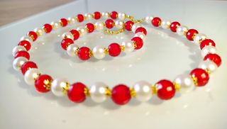 Conjunto Collar y Pulsera Perlas Rojas y Blancas