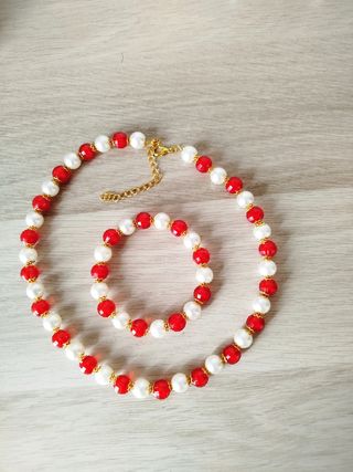 Conjunto Collar y Pulsera Perlas Rojas y Blancas
