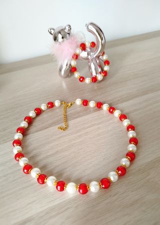 Conjunto Collar y Pulsera Perlas Rojas y Blancas