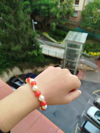 Conjunto Collar y Pulsera Perlas Rojas y Blancas