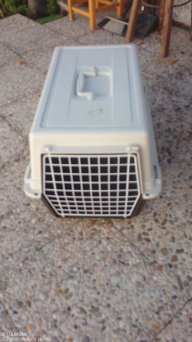 Transportín para perro gris y blanco