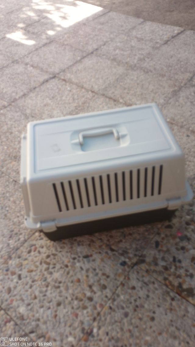 Transportín para perro gris y blanco