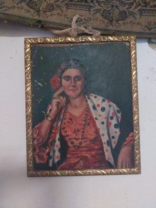 Pintura al óleo antigua flamenca y vestido andaluz