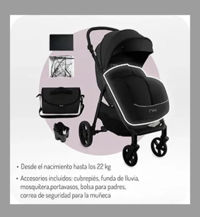 Silla de paseo con accesorios, color Negro (Nueva)