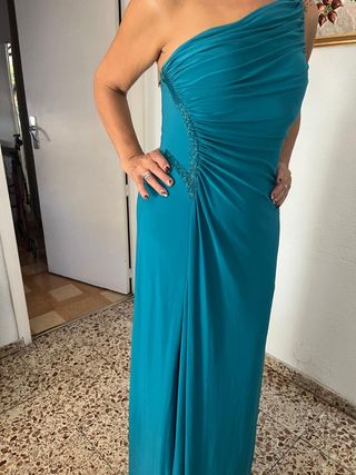 Vestido fiesta largo azul verdoso