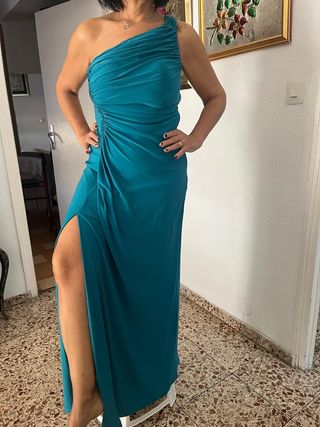 Vestido fiesta largo azul verdoso
