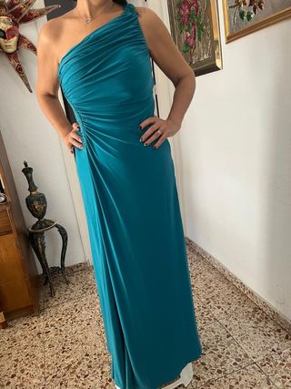 Vestido fiesta largo azul verdoso