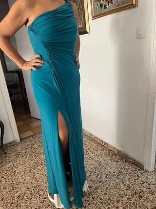 Vestido fiesta largo azul verdoso