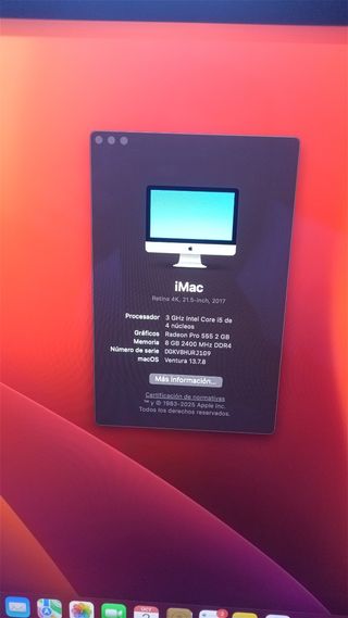 Apple iMac 21 pulgadas 2017 Retina OS Ventura