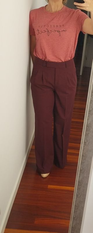 Pantalones Mango Lana Fría Granate Talla 40