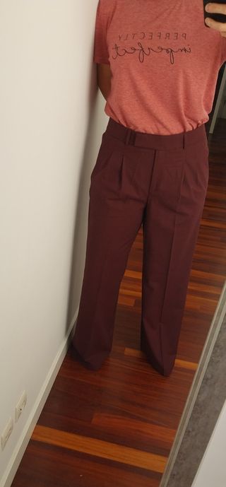 Pantalones Mango Lana Fría Granate Talla 40