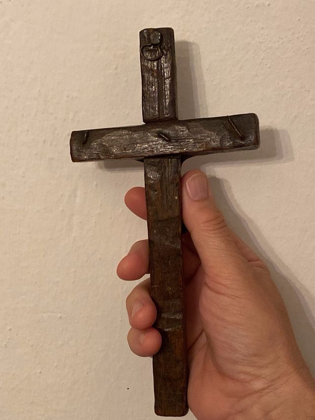 Antica croce legno con crocifisso bronzo