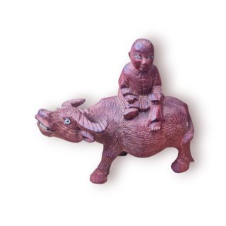 Escultura Madeira Oriental Criança Búfalo