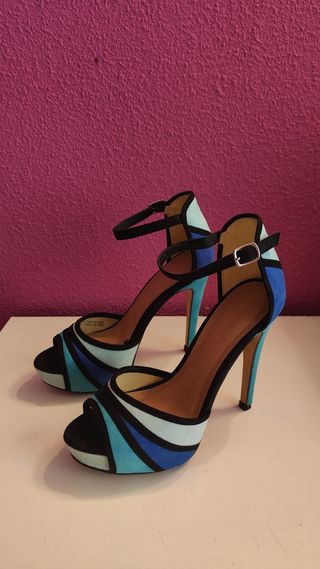 Sandalias tacón multicolor azul y turquesa