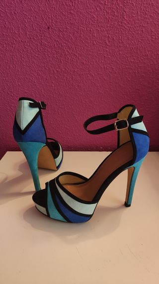 Sandalias tacón multicolor azul y turquesa