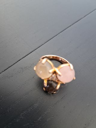 Anillo 3 piedras cuarzo rosa, ahumado y citrino