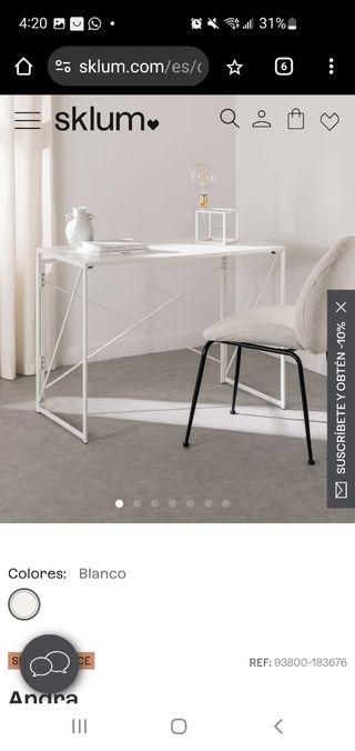 Mesa escritorio plegable blanca Sklum