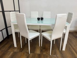 Conjunto Comedor Mesa Cristal 6 Sillas Polipiel
