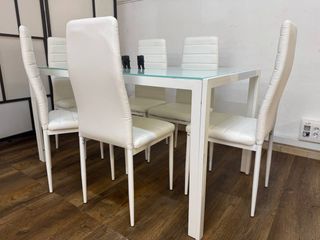 Conjunto Comedor Mesa Cristal 6 Sillas Polipiel