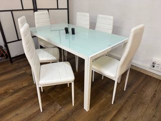 Conjunto Comedor Mesa Cristal 6 Sillas Polipiel