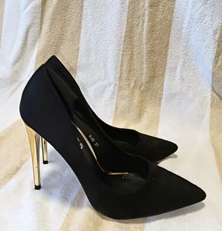 Zapatos de fiesta ante negro tacón dorado T37. 