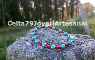 Pulsera artesanal Coral Rojo y Turquesa