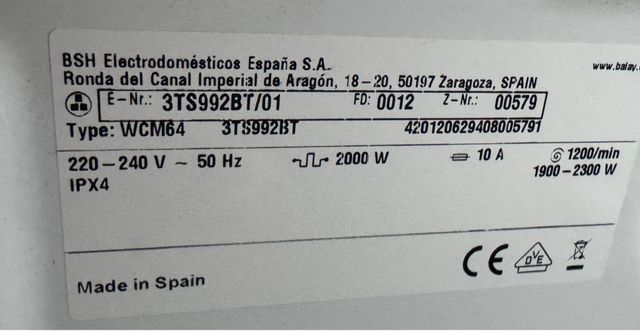 LAVADORA BALAY LAVADO 9KG 1400RPM BLANCO