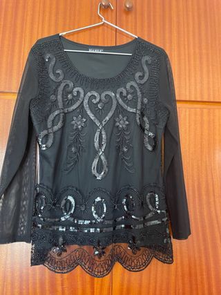 Blusa Negra Fiesta Lentejuelas Encaje MANEE