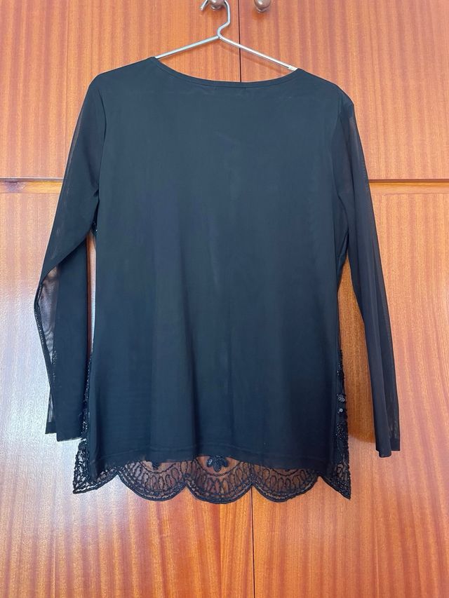 Blusa Negra Fiesta Lentejuelas Encaje MANEE