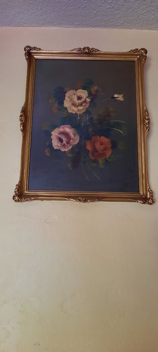 Cuadro antiguo floral dorado