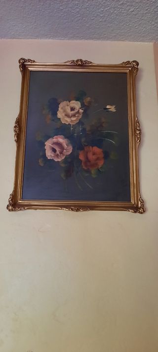 Cuadro antiguo floral dorado