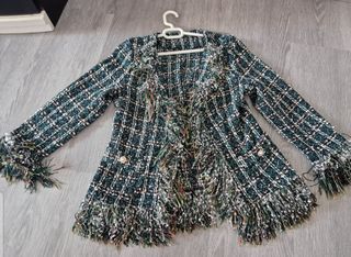 Chaqueta tweed mujer flecos verde multicolor