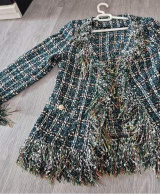 Chaqueta tweed mujer flecos verde multicolor