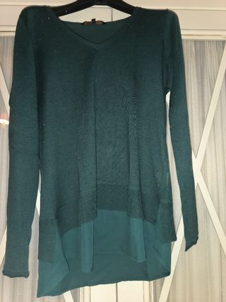 Jersey fino cuello pico mujer verde