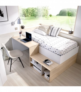 Cama Juvenil Compacta Con Escritorio. Natural / B