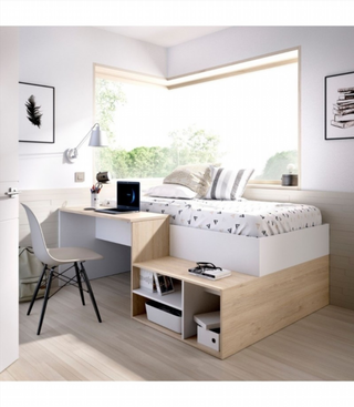 Cama Juvenil Compacta Con Escritorio. Natural / B