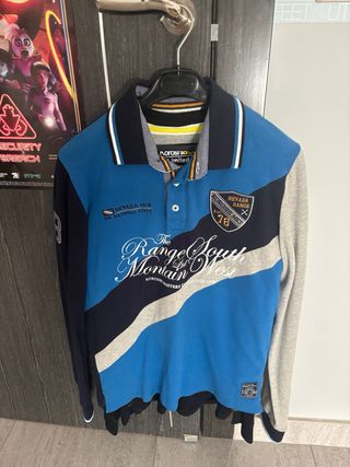Polo Koroshi Manga Larga Azul y Gris