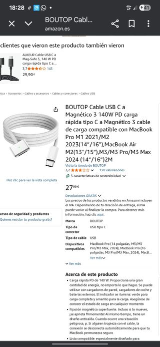 Uni Magsafe 3 Cable Carga Magnética PD140W